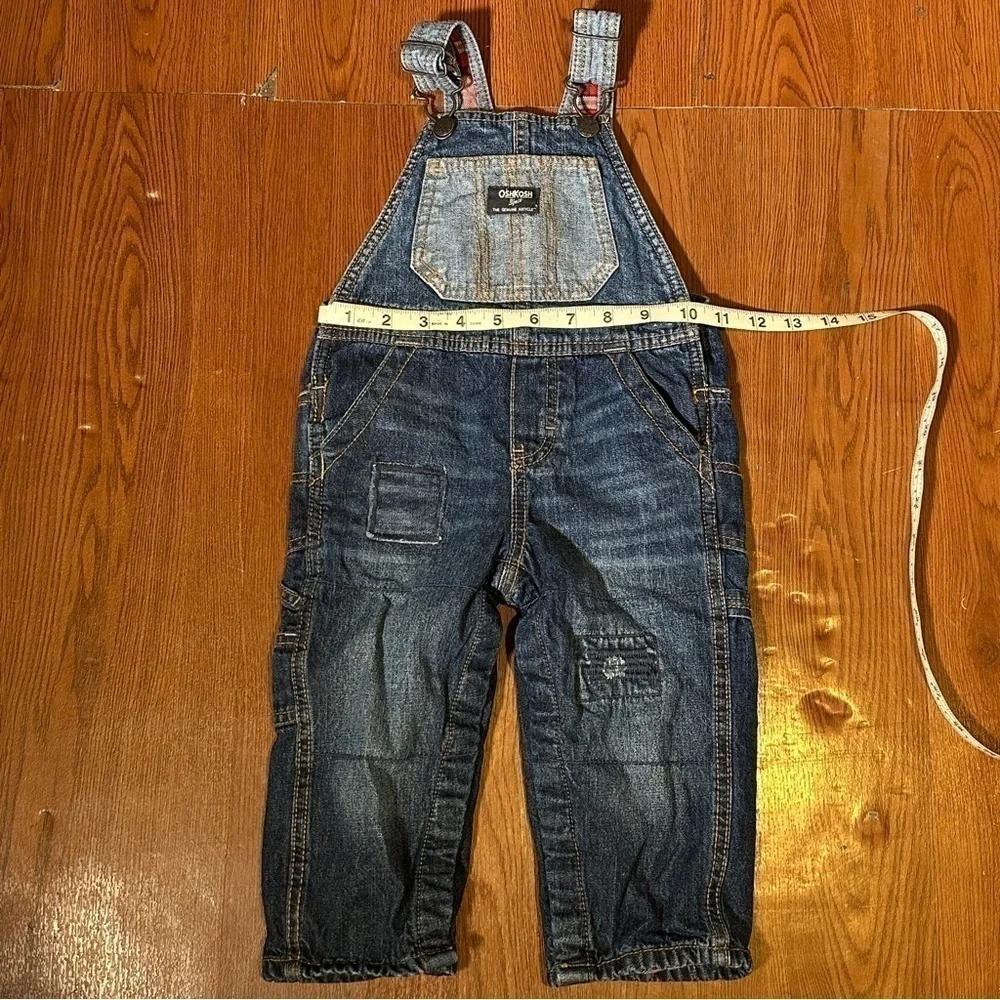 Oshkosh B’gosh Denim Patchwork Flannel Lined Overalls Size 18 Months Baby